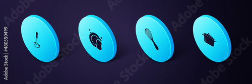 Set Isometric Cooking pot, Kitchen whisk, Washing dishes and ladle icon. Vector