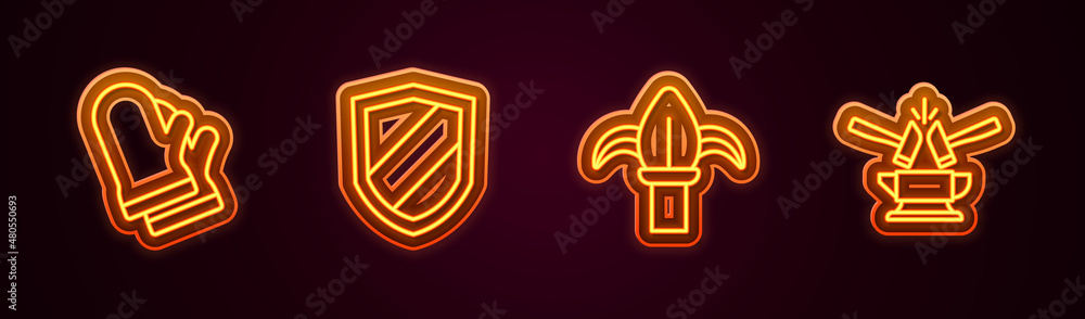 Set line Protective gloves, Shield, Classic iron fence and Anvil and hammer. Glowing neon icon. Vector Set line Protective gloves, Shield, Classic iron fence and Anvil and hammer. Glowing neon icon. Vector