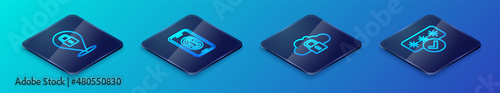 Set Isometric line Cloud computing lock, Lock, Password protection and Mobile with fingerprint scanner icon. Vector