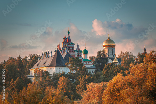 Wide angle view of Savvino-Storozhevskiy Monastyr' (Convent) with multi color trees at autumn sunset 