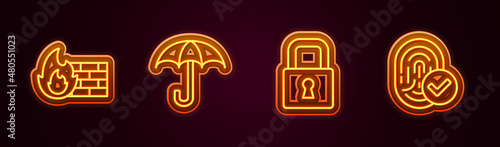 Set line Firewall, security wall, Umbrella, Lock and Fingerprint. Glowing neon icon. Vector