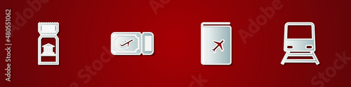 Set Museum ticket, Airline, Cover book travel guide and Train icon. Vector