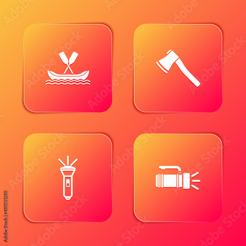 Set Rafting boat, Wooden axe, Flashlight and icon. Vector