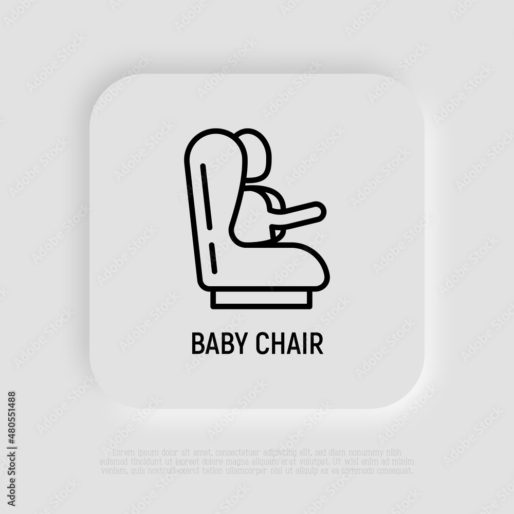 Baby seat for car: child is fastened by seat belts. Thin line icon. Modern vector illustration. Baby seat for car: child is fastened by seat belts. Thin line icon. Modern vector illustration.