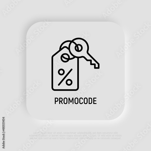 Promocode thin line icon: percent sign on label with key. Modern vector illustration for discount.