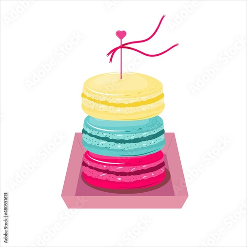 Macarons in different yellow, blue and pink colours. Pastry illustration.