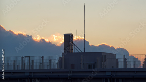 power station at sunset