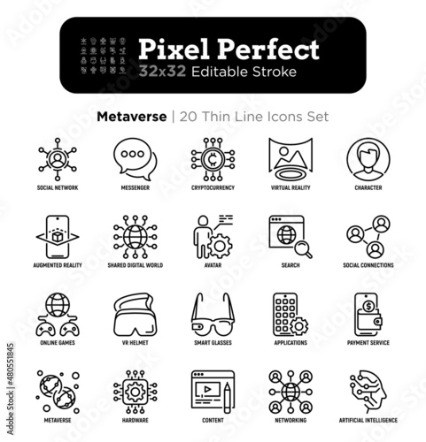 Metaverse thin line icons set: social network, virtual reality, avatar, shared digital world, smart glasses, vr helmet, ai, payment service. Pixel perfect, editable stroke. Vector illustration.