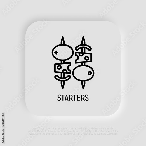 Starters, appetizers thin line icon. Canapes: cheese with olives. Modern vector illustration for restaurant menu.