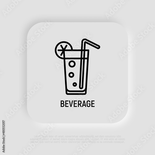 Cocktail. Beverage with straw and lemon thin line icon. Modern vector illustration.