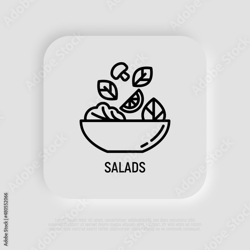 Salad in bowl thin line icon. Ingredients are falling in bowl: lemon, champignon, lettuce. Healthy food. Modern vector illustration for salad bar.