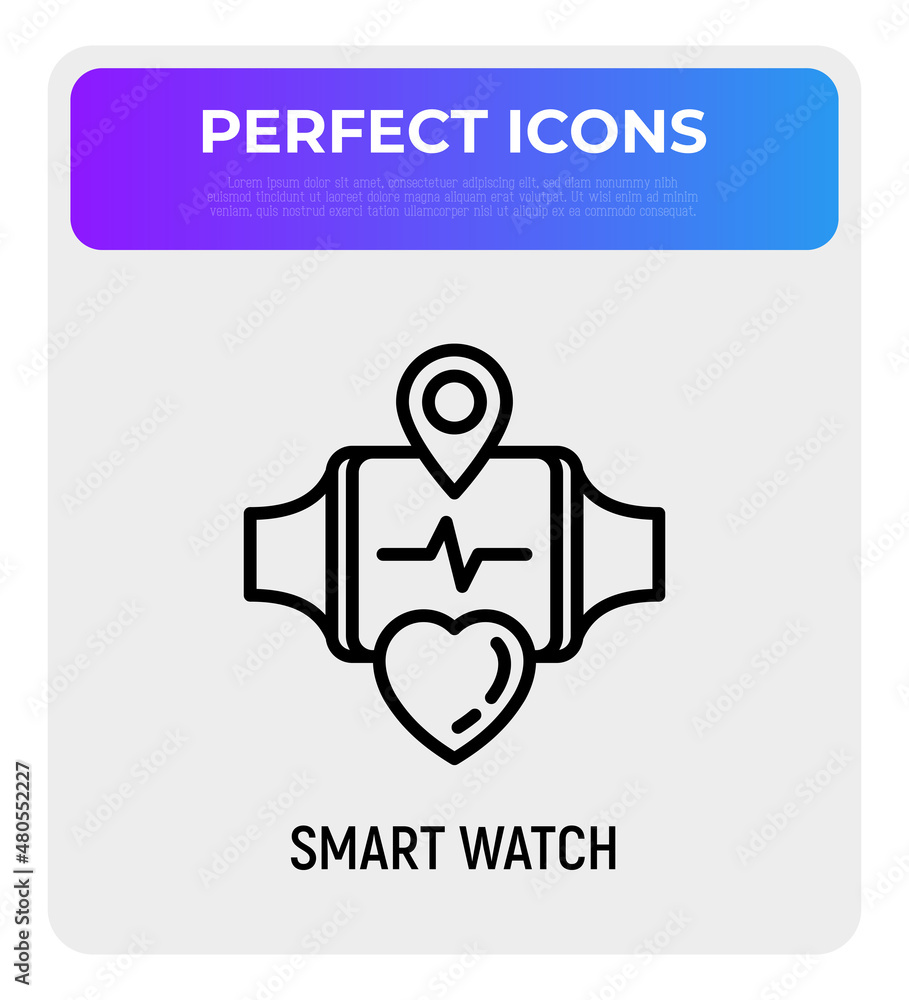 Naklejka premium Smart watch with heartbeat on screen. Fitness gadget. Thin line icon. Modern vector illustration.