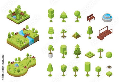 Vector isometric illustration. Concept of an ecological park, recreation areas with a fountain. Natural landscape, environment. Landscaped nature reserve, forest, grove. Trees  3d isometric icons