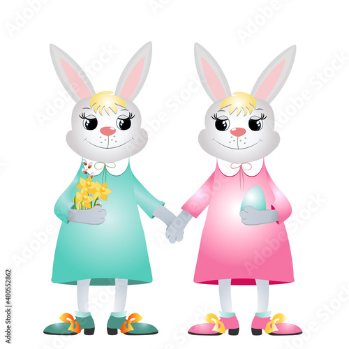 Easter bunny  smiling happily. The bunny wear dresses and hold Easter egg and flowers in their hands. Vector illustration for Easter cards and greetings.