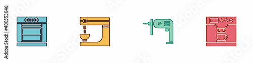 Set Oven, Electric mixer, drill machine and Coffee and cup icon. Vector