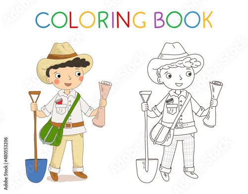 Coloring book for children. Cartoon illustration of a archaeologist . Kids workers. Child professional.