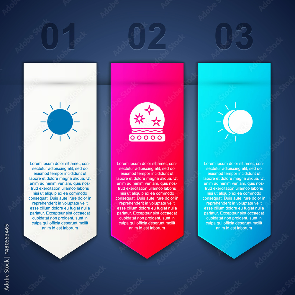 Set Sun, Magic ball and Eclipse of the sun. Business infographic template. Vector Set Sun, Magic ball and Eclipse of the sun. Business infographic template. Vector