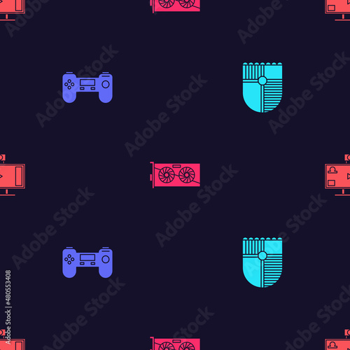 Set Shield for game, Gamepad, Video graphic card and Live streaming online on seamless pattern. Vector