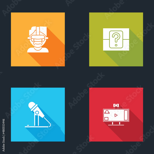 Set Virtual reality glasses, Mystery or random box, Microphone and Live streaming online icon. Vector