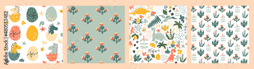 Set of 4 Dino patterns. Little dino, cracked egg, dinosaurs, fantasy prehistoric plants, spots, traces,  raindrops and eggs. Vector backgrounds. Baby print
