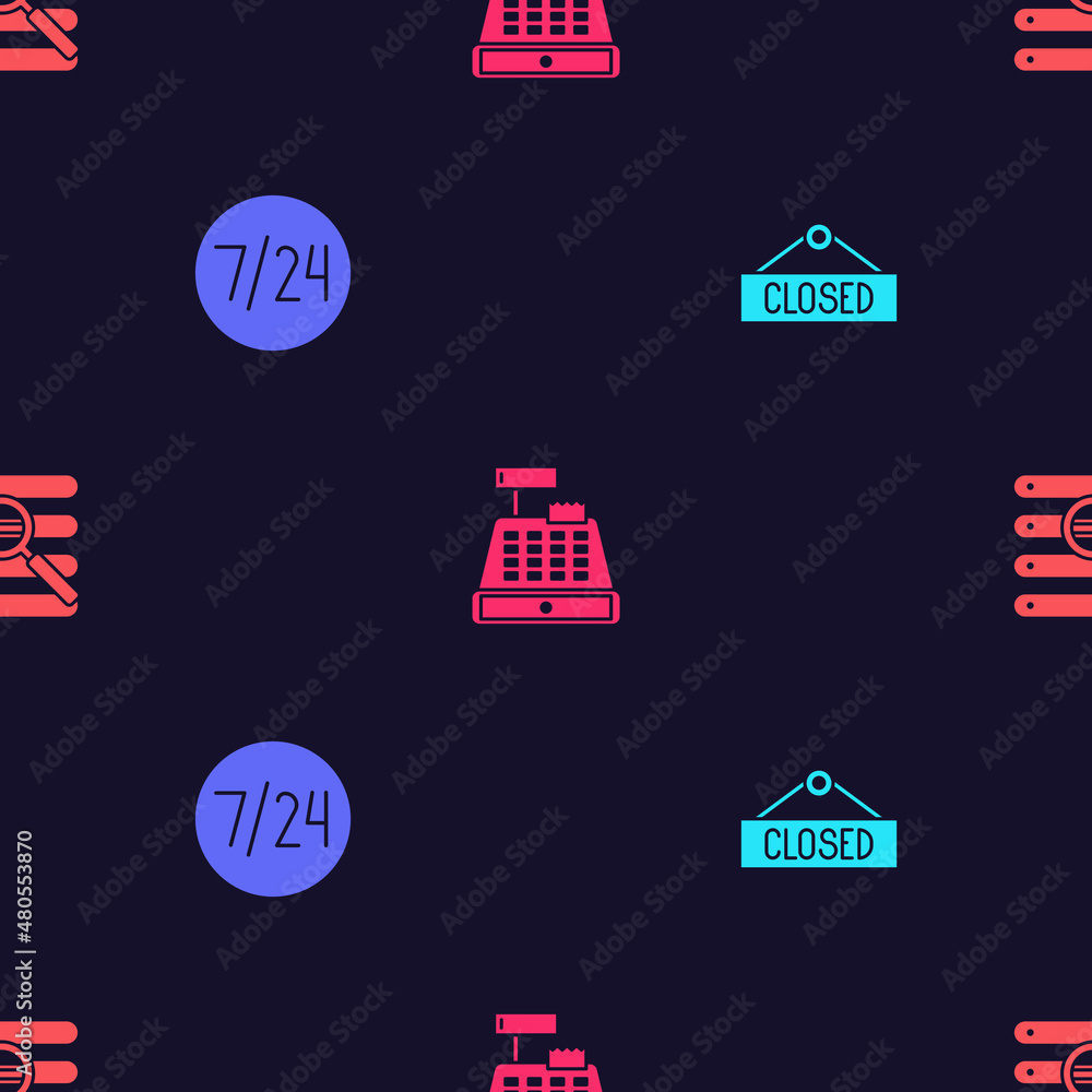 Set Hanging sign with Closed, Clock 24 hours, Cash register machine and Search browser window on seamless pattern. Vector