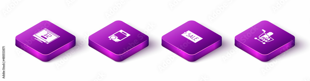 Set Isometric Shopping cart on computer, Certificate template, Price tag with text Sale and and food icon. Vector Set Isometric Shopping cart on computer, Certificate template, Price tag with text Sale and and food icon. Vector