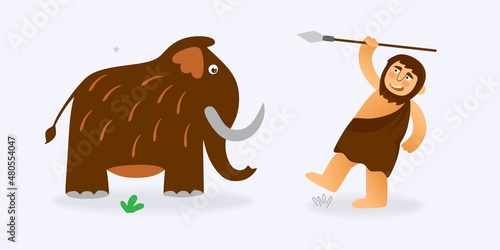 A primitive man hunts a mammoth in a hand-drawn cartoon style. Vector illustration