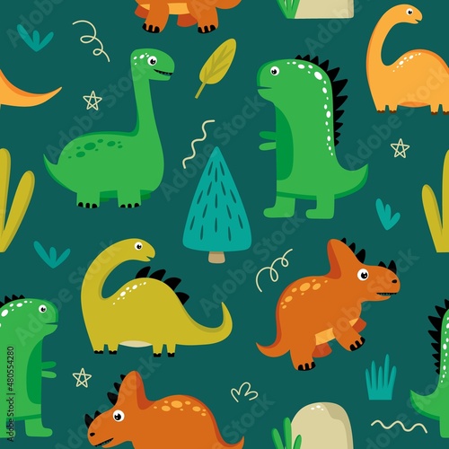 Seamless pattern with funny dinosaurs on a dark turquoise background. Use for textiles  packaging paper  posters  backgrounds  decoration of childrens parties. Vector illustration