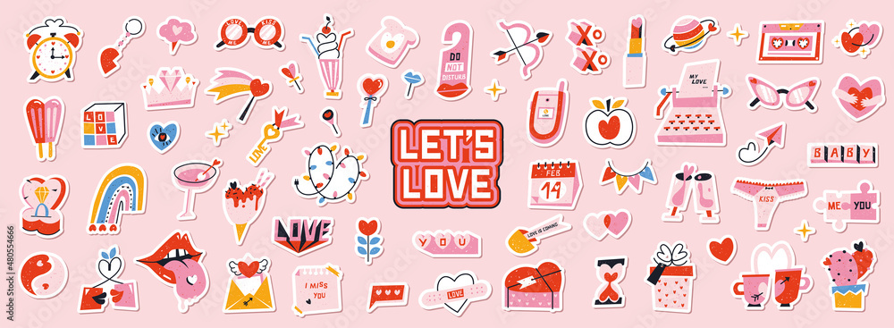 Set of cute vector love stickers for daily planner and diary. Collection of scrapbooking design elements for valentines day: heart, holiday gift, ice cream. Romantic doodle vector icons pack. - obrazy, fototapety, plakaty 