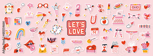 Set of cute vector love stickers for daily planner and diary. Collection of scrapbooking design elements for valentines day: heart, holiday gift, ice cream. Romantic doodle vector icons pack.