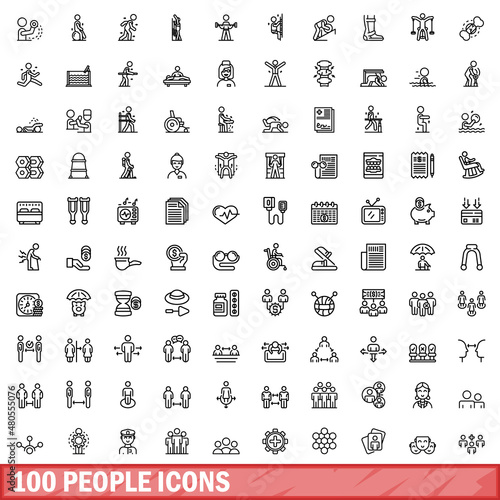 100 people icons set, outline style