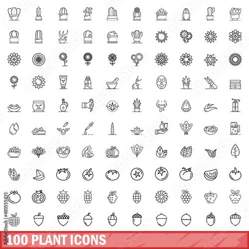 100 plant icons set, outline style