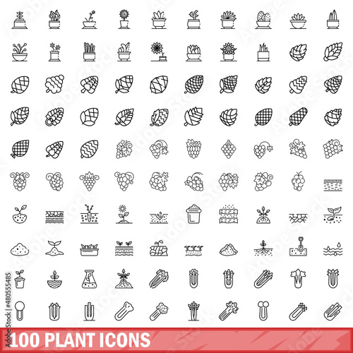 100 plant icons set, outline style