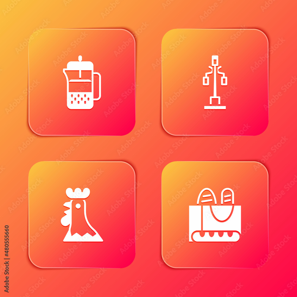 Set French press, Street light, rooster and baguette bread icon. Vector Set French press, Street light, rooster and baguette bread icon. Vector