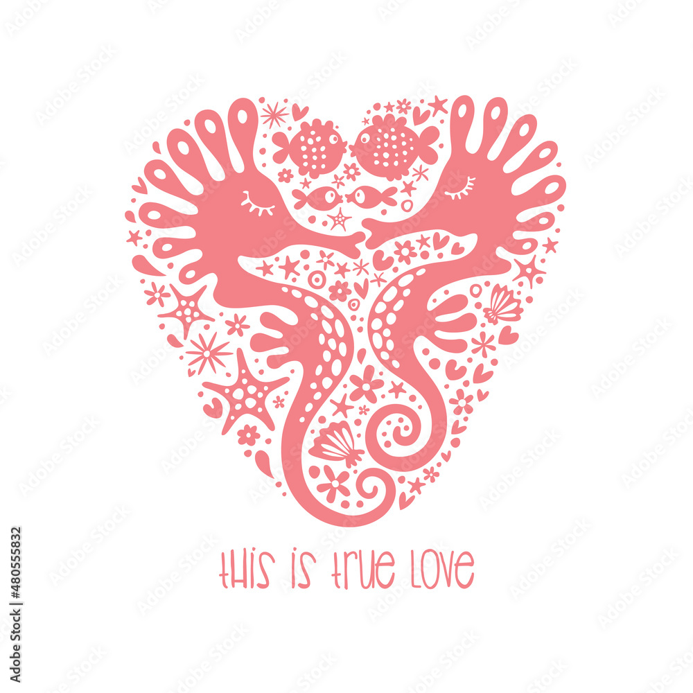 Cute print red sea horses with fishes on a white background. Cute print red sea horses with fishes on a white background.