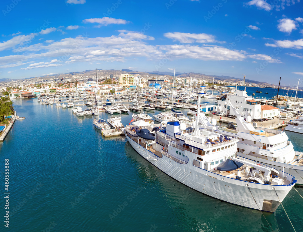 Aerial drone view of Limassol marina. Cyprus