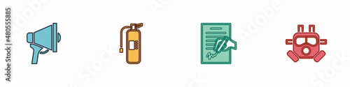 Set Megaphone, Fire extinguisher, Petition and Gas mask icon. Vector