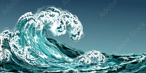 Sea wave in oriental vintage style. Hand drawn realistic vector illustration on dark background.