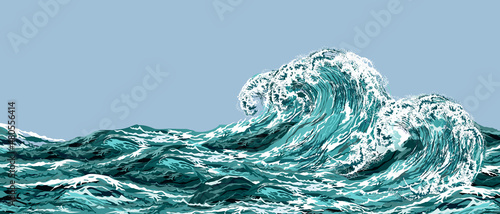 Sea wave in oriental vintage style. Hand drawn realistic vector illustration on blue background.