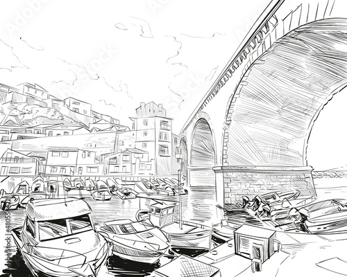 France. Marseille. East Port Valon Des. Hand drawn sketch. Vector illustration.