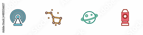 Set Radar, Great Bear constellation, Planet Saturn and Rocket ship icon. Vector