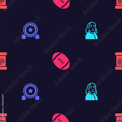 Set Benjamin Franklin, Medal with star, American Football ball and Declaration of independence on seamless pattern. Vector