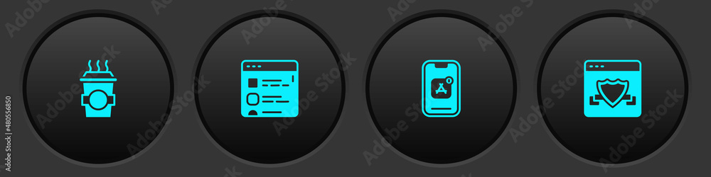 Set Coffee cup to go, Browser files, Mobile Apps and with shield icon. Vector Set Coffee cup to go, Browser files, Mobile Apps and with shield icon. Vector