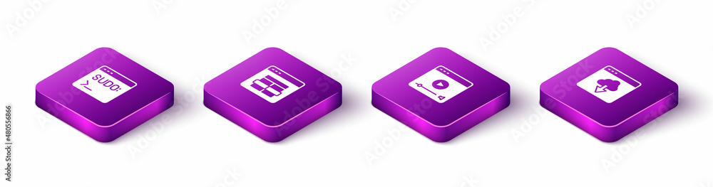 Set Isometric Code terminal, MySQL code, Online play video and Cloud technology data transfer icon. Vector Set Isometric Code terminal, MySQL code, Online play video and Cloud technology data transfer icon. Vector
