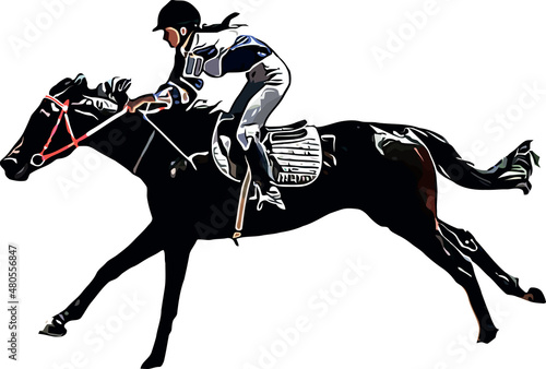 Racehorse with jockey at races. Isolated on a white background