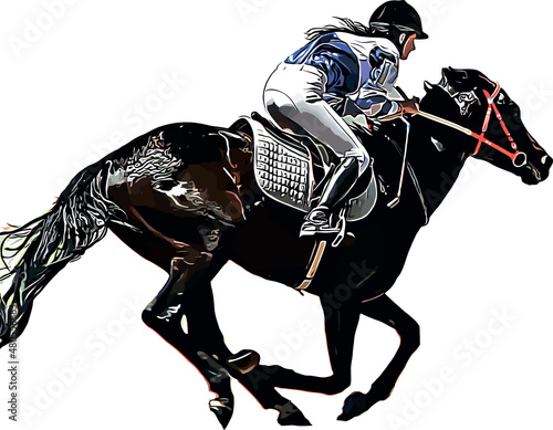 Racehorse with jockey at races. Isolated on a white background