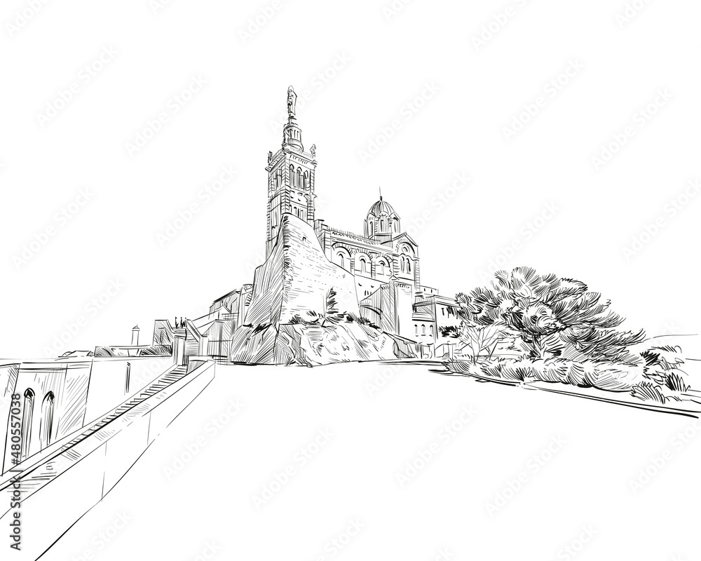 France. Marseille. Notre-Dame de la Garde. Hand drawn sketch. Vector illustration.