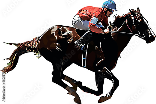 Racehorse with jockey at races. Isolated on a white background