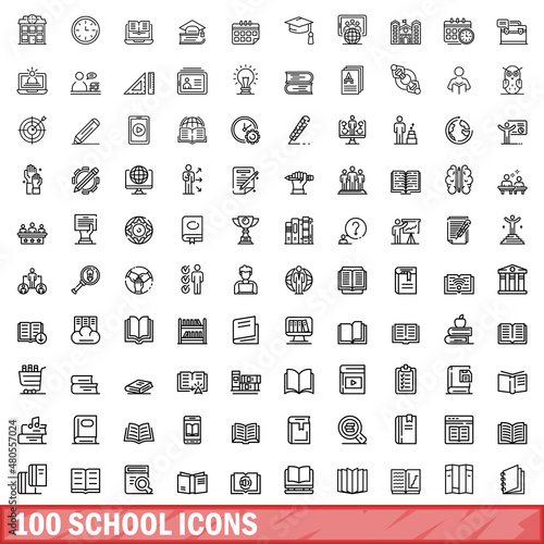 100 school icons set, outline style