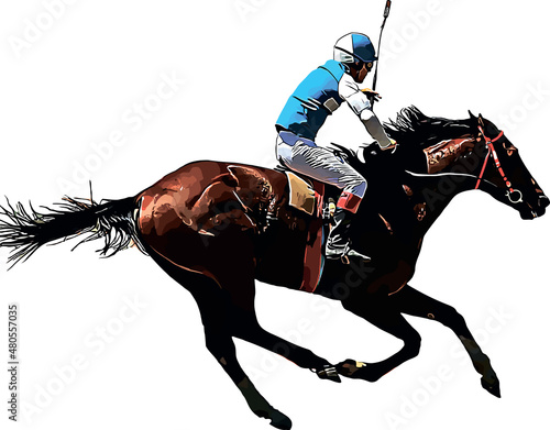 Racehorse with jockey at races. Isolated on a white background